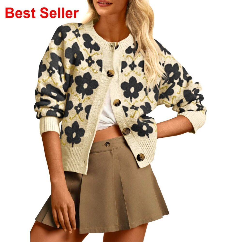 Long Sleeve Floral Cardigan Open Front Button Down Knit Sweater Coat